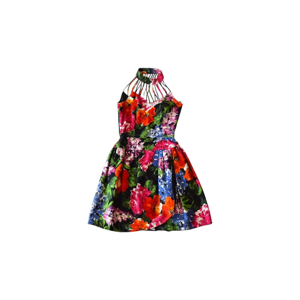 Vintage 80s Lillie Rubin Floral Halter Mini Dress Cage Neck Size 2 Party Prom